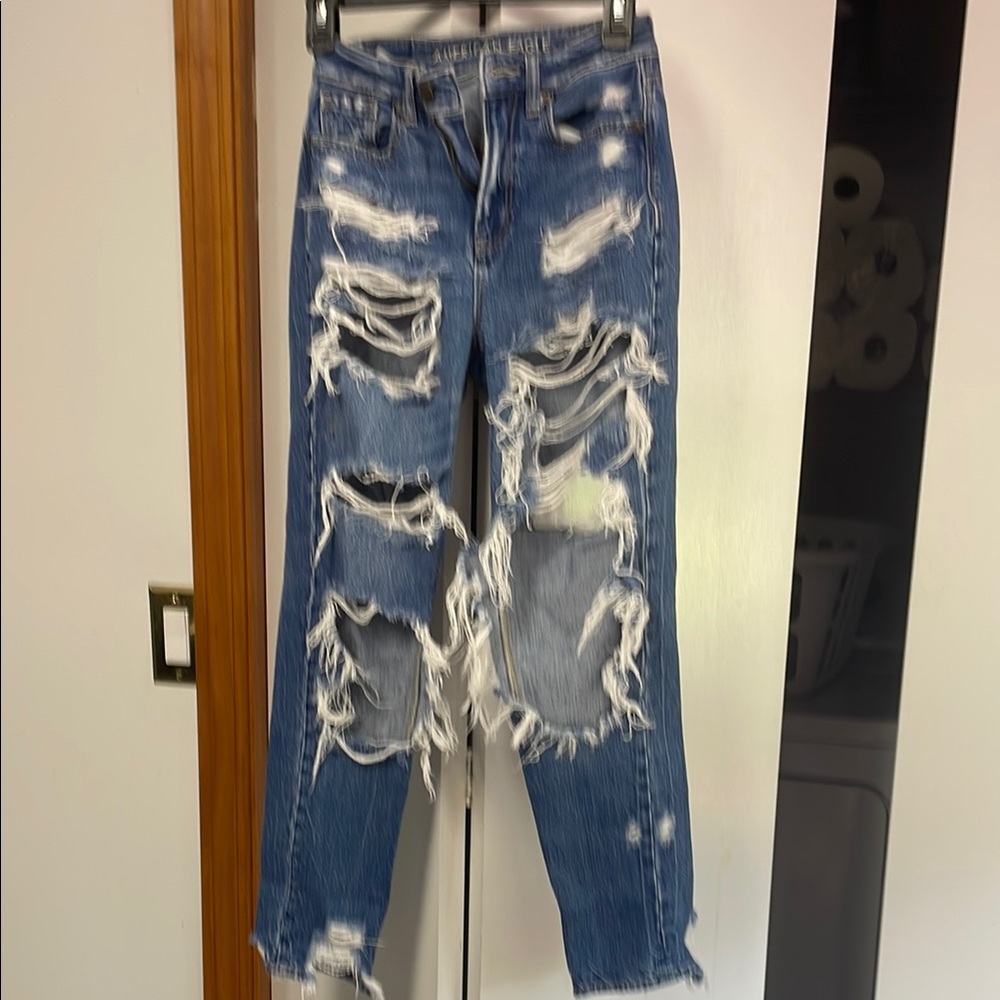 American Eagle Outfitters Blue Distressed Straight Leg Jeans